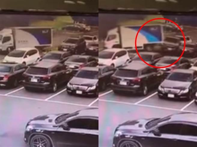 桃园市1处户外停车场斜坡昨（5）发生1辆物流货车疑似司机临停时忘拉手剎车，导致货车竟一路下滑斜坡好几百公尺，最后更直接撞上停车场的2辆轿车。（翻摄自脸书「重机车友❘各区路况、天气回报中心」）