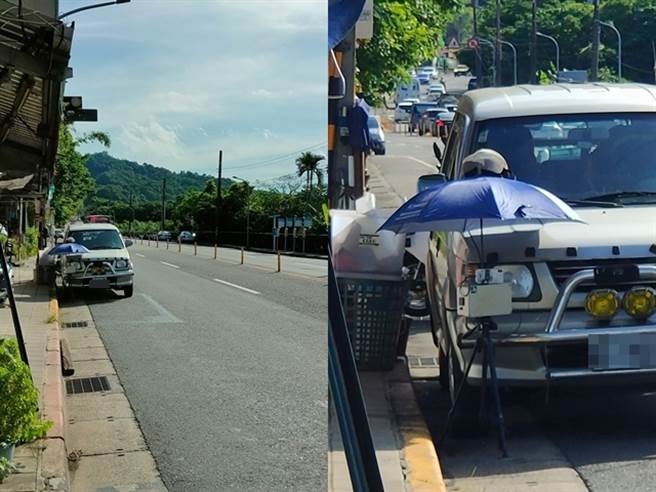 1位民眾在北市木栅路5段发现1个「偽装」高强的偷拍设备，该处路边黄线上有辆临停轿车，车头附近地面摆放脚架与手机，还有雨伞遮阳，手机镜头即正对路口。（翻摄自脸书）