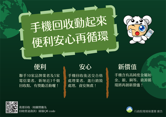 環保署今年邀集10大手機品牌廠商及5大電信業者參與「手機回收行動計畫」，建立回收目標並提供回收誘因，並以110年回收率達到10％為目標。（環保署提供）