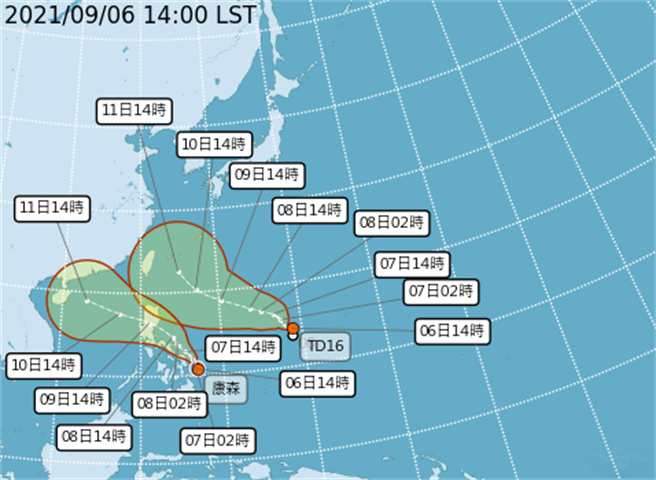菲律宾东方一低气压在下午2时已增强为第13号颱风康森，正以每小时12公里速度向北北西进行，预计以通过菲律宾进入南海机率较高，对台湾影响程度较低。（取自气象局）
