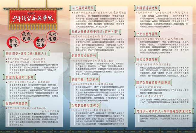 大叶大学管理学院开办的「2021少年头家养成学院」今年课程精彩丰富，且首创两代共学班，盼能帮助交班者、接班者，打破鸿沟、建立共识。（校方提供／谢琼云彰化传真）
