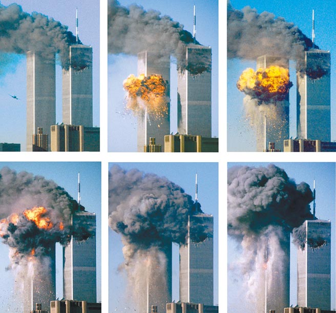 美國911恐怖攻擊事件將於本周六（11日）屆滿20周年。2001年9月11日，多名恐怖分子分別劫持美國4架民航客機，其中兩架撞擊紐約世貿中心雙塔大廈，一架撞毀華府五角大廈一側，另一架在賓州墜毀。圖為世貿雙塔大廈北樓遇襲後不久，南樓遭到一架客機撞擊的連續畫面。（新華社）
