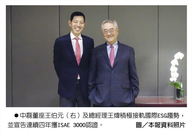 中磊董座王伯元（右）及总经理王炜积极接轨国际ESG趋势，并宣告连续四年获ISAE 3000认证。图／本报资料照片