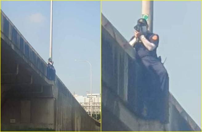 员警跨坐高架桥墩抓超速，遭民眾质疑「要钱不要命」。（记者爆料网）
