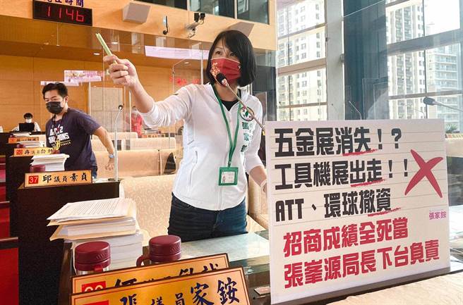 市議員張家銨今天質詢說，產業出走骨牌效應令人擔心，恐怕台中會展產業將垮掉無法回頭。（陳世宗攝）