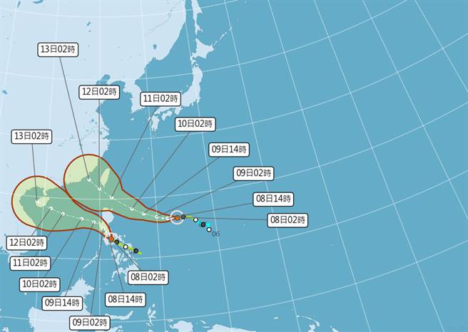 璨树今晨增强为中颱，不排除转强颱，直扑台湾。（中央气象局提供）