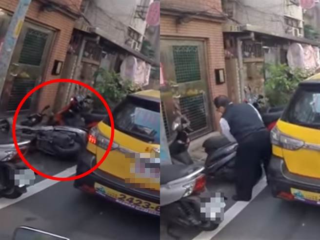 计程车驶进1处单行道，因该巷弄狭窄、停满机车，司机疑似无法判定右侧空间，并一路靠左靠驶，导致先擦撞1辆机车，又再撞倒另辆机车。（翻摄自YouTube）