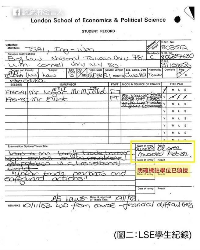 蔡英文在LSE的學生紀錄表。（圖／摘自總統府發言人臉書）