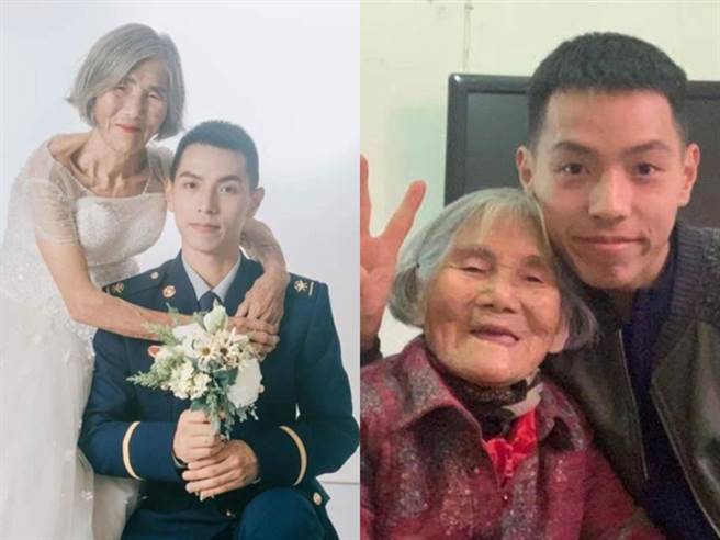 张男长大后考上消防员，本来计画让养父母重拍婚纱照，但养父因健康问题作罢，才由他代替与母亲拍摄，温暖合照感动千万网友。（翻摄自微博）