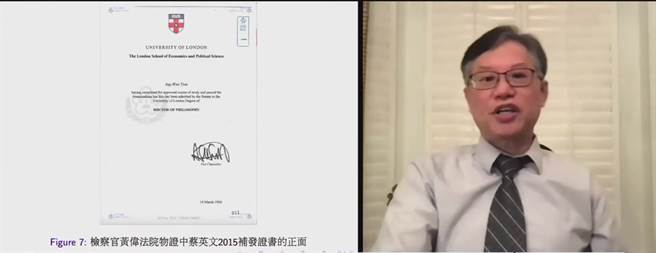 林环墙于9日的「蔡英文论文门最终审判」记者会，秀出蔡英文博士学位证书，质疑来歷不明。(图/翻摄自 网路呷新闻YT频道)