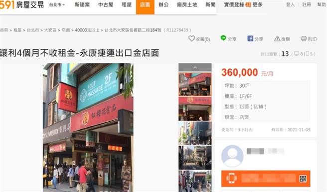 「591房屋交易网」刊出一篇出租讯息，标题写着「让利4个月不收租金，永康捷运出口金店面」。（摘自591房屋交易网／张颖齐台北传真）