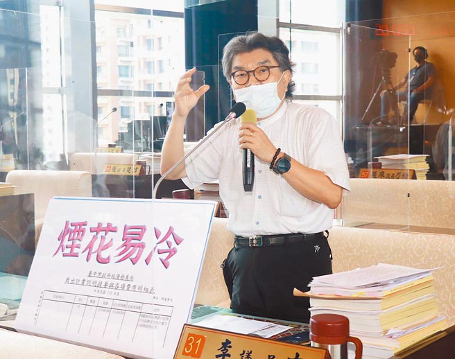 台中市议员李中8日总质询时抨击说，追加预算只用3行字就编列一条3.35亿元烟火式预算，这模式很难让他赞同。（陈世宗摄）