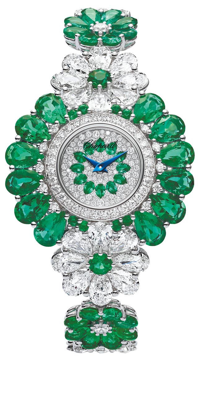 萧邦红地毯系列祖母绿珠宝表，1786万元。（萧邦提供）