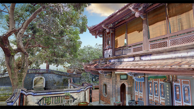 新北市文化局透过360度环景搭配3D点云建模影片虚拟带领民眾游板桥林家花园。(新北市文化局提供)