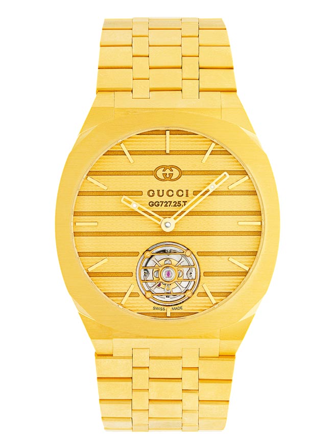 GUCCI 25H腕表18K黃金陀飛輪腕表，採用GG727.25陀飛輪機芯，440萬元。（GUCCI提供）