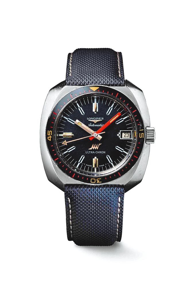 浪琴表1968年發表Ultra-Chron潛水表Ref.7970，是第一款採用每小時振動36,000次高振頻機芯的潛水表。（Longines提供）