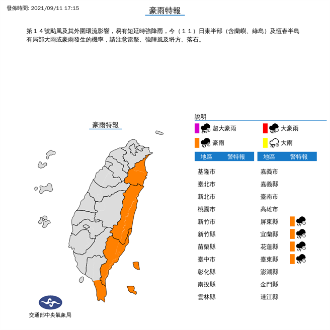 中央氣象局針對東半部及恆春半島4縣市發布豪雨特報，宜花東、屏東有局部大雨、豪雨發生機率。(氣象局提供)