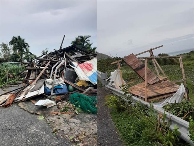 有兰屿民眾直击住家的水塔当场被强风吹倒、从屋顶掉落至地面，也有木制平房、凉亭等建筑物被吹垮，树木被连根拔起。（民眾提供）