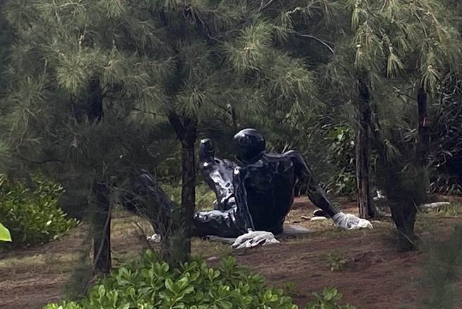 南迴艺术季中的大脚丫巨人，被事先移到防风林内，逃过一劫。（民眾提供）