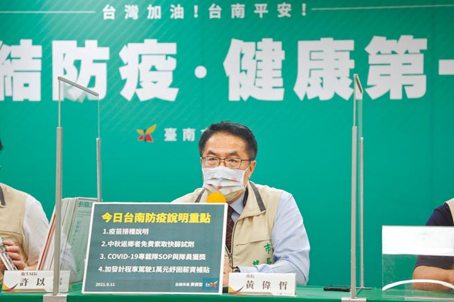 台南市长黄伟哲宣布，9月17至20日自双北及桃园返回台南的市民，无症状者可凭身分证和车票凭证至5区卫生所免费索取家用快筛试剂。（台南市政府提供／曹婷婷台南传真）