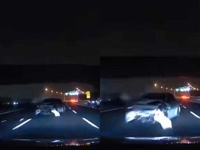 国道3号彰化快官路段12日凌晨12时许发生1辆车自撞内侧护栏后反弹至中线，而该路段深夜因无路灯、视线昏暗，导致后方另1辆车剎车不及直接撞上。（翻摄自YouTube）