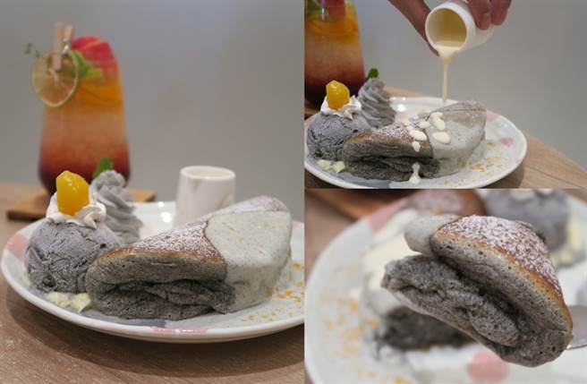 「黑岩芝麻冰淇淋松饼」以手工慢火烘炒黑芝麻融合于滑顺松饼中，更有奢华的金箔点缀。（图／杨婕安摄）