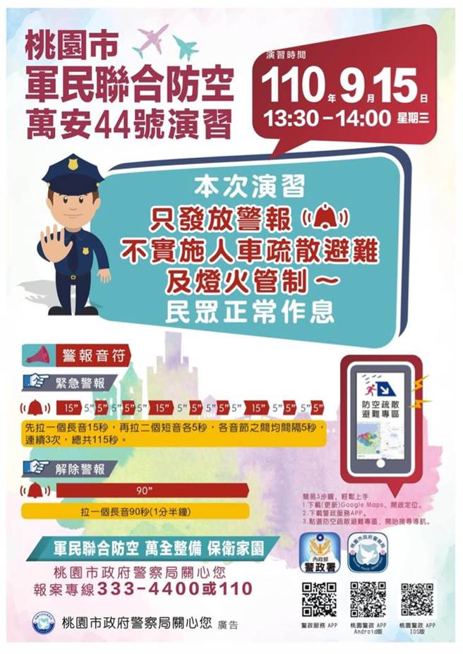 軍民聯合防空「萬安44號」演習15日下午1時30分至2時舉行。桃園市警察局提醒，本次演習只發放防空警報。（警方提供）