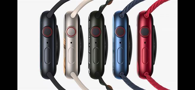 全新的Apple Watch Series 7共推出了五款铝金属新色，包括全新的绿色，还有蓝色、（PRODUCT）RED、星光色及午夜色。（翻摄直播画面）