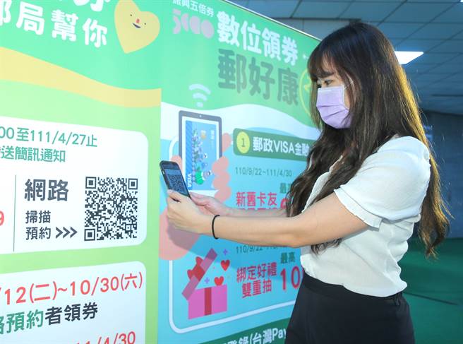 振興五倍券即將全面發放，中華郵政為鼓勵民眾使用郵政VISA金融卡綁定數位振興五倍券，推出「數位五倍券綁定雙重抽」活動。(粘耿豪攝)