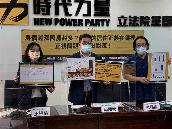 时代力量立法委员邱显智、王婉谕及OURs都市改革专业者组织秘书长彭扬凯今举行记者会，呼吁尽速排审囤房税相关法案修法。（林缙明摄）