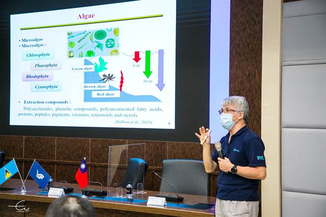 海大食品科学系主任吴彰哲向大使罗伦解说，海藻的生长环境。（国立台湾海洋大学提供／陈彩玲基隆传真）