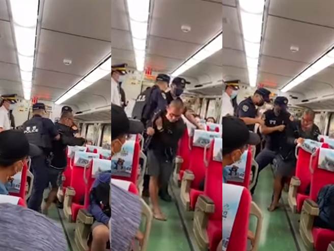 1名男子13日早上6時許搭自強號到台南站時，被列車長發現未戴口罩遭勸導不聽，警方到場後他狂吼「槍押著我就走」、「槍上膛我就走」。（翻攝自YouTube）