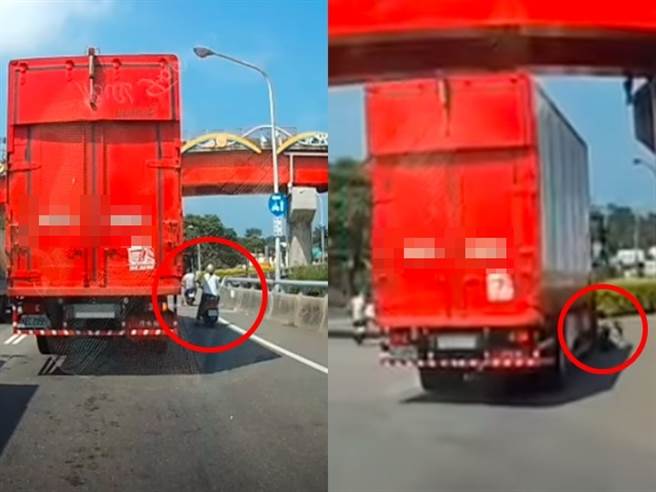 1名女骑士疑似因躲避太阳，停等红灯时紧贴在1辆大货车旁，没想到绿灯起步时，大货车因视线死角直接将女骑士卷进轮胎内，女骑士当场在货车下翻滚好几圈。（翻摄自脸书社团「台湾新闻记者联盟资讯平台」）