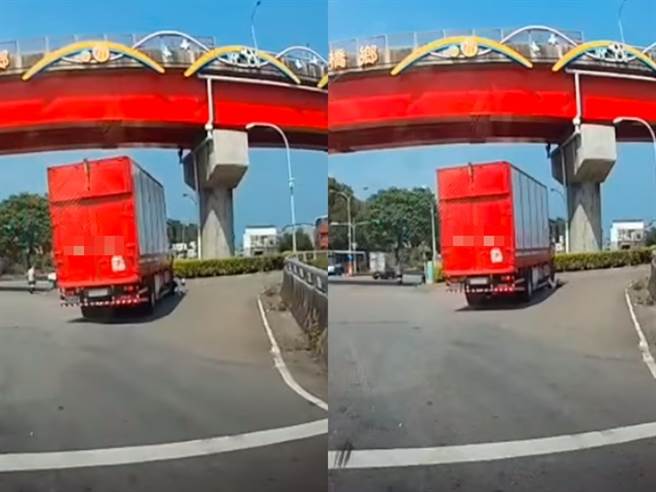 1名女骑士疑似因躲避太阳，停等红灯时紧贴在1辆大货车旁，没想到绿灯起步时，大货车因视线死角直接将女骑士卷进轮胎内，女骑士当场在货车下翻滚好几圈。（翻摄自脸书社团「台湾新闻记者联盟资讯平台」）