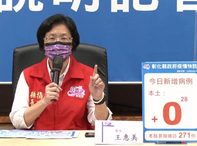 彰化縣長王惠美宣布中央核撥彰化莫德納疫苗2萬5000劑， 75歲以上長者接種第二劑默德納已造冊、免預約。（吳敏菁攝）