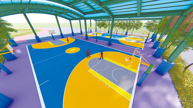 土城綜合體育場旁新設的「風雨球場」，設計融合在地桐花意象，預計10月中旬前可完工。（土城區公所提供／蔡雯如新北傳真）