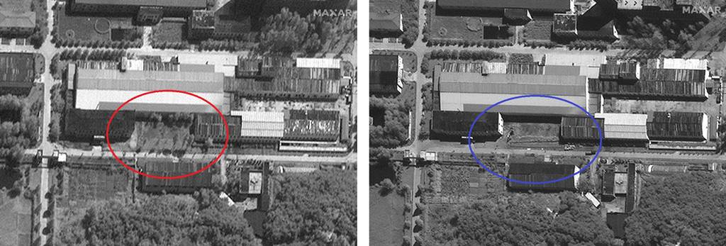 9月1日的照片(左)，工厂的一块空地还有几棵树，到9月14日的照片(右)，空地的树木已被清除。(图/美联社)(photo:ChinaTimes)