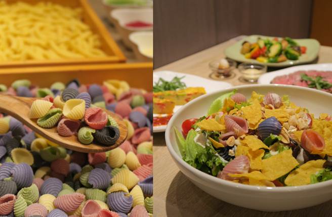 延續在地、自然的健康蔬食概念，藉由甜菜根、羽衣甘藍、紫薯、蝶豆花、竹炭等天然食材的色澤，製作出6種自然色調的彩色貝殼麵。（圖／楊婕安攝）