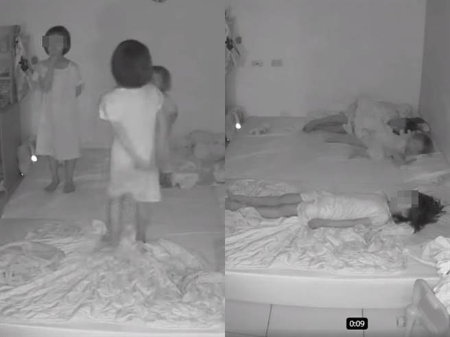 3女童站在床上跳舞时疑似听到外头声响，竟以极为熟练的动作「1秒躺平」，有人笔直平躺床上，有人侧躺还盖好棉被。（翻摄自脸书「爆废公社公开版」）