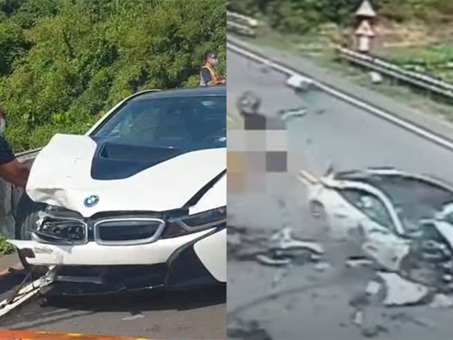 1辆千万BMW i8超跑撞上违规双黄线迴转的机车，机车骑士右大腿接近骨盆间骨折，机车则当场解体喷散、超跑车头毁损。（翻摄照片）