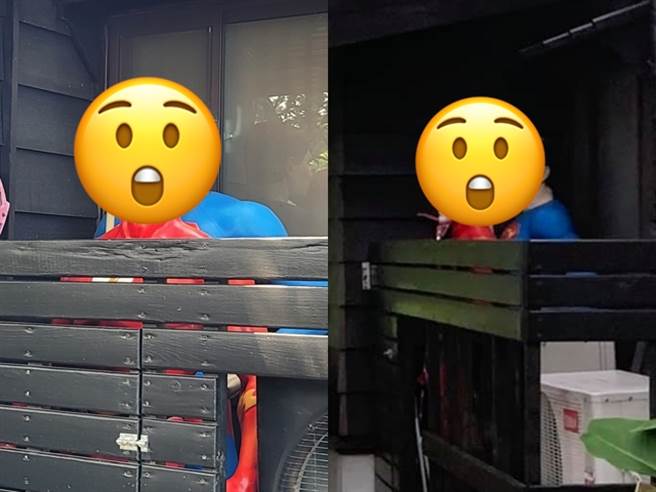 1名网友在嘉义市知名景点桧意生活村内发现园区内2个大型模型－超人与闪电侠被摆在一起，但摆放位置有些奇怪，竟是一前一后紧贴彼此，让网友大感害羞。（翻摄自脸书「路上观察学院」）