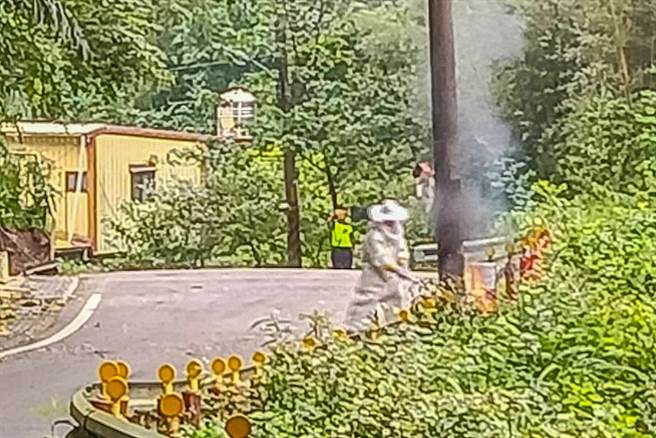 尖石鄉竹58線1K處虎頭蜂巢掉落，消防人員穿防護裝備，以長型噴火槍的強大火焰噴燒。（橫山分局提供／羅浚濱新竹傳真）