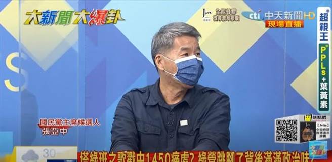 國民黨主席候選人張亞中22日在中天政論節目《大新聞大爆卦》中評論塔綠班之歌。(圖 翻攝自中天大新聞大爆卦節目畫面)