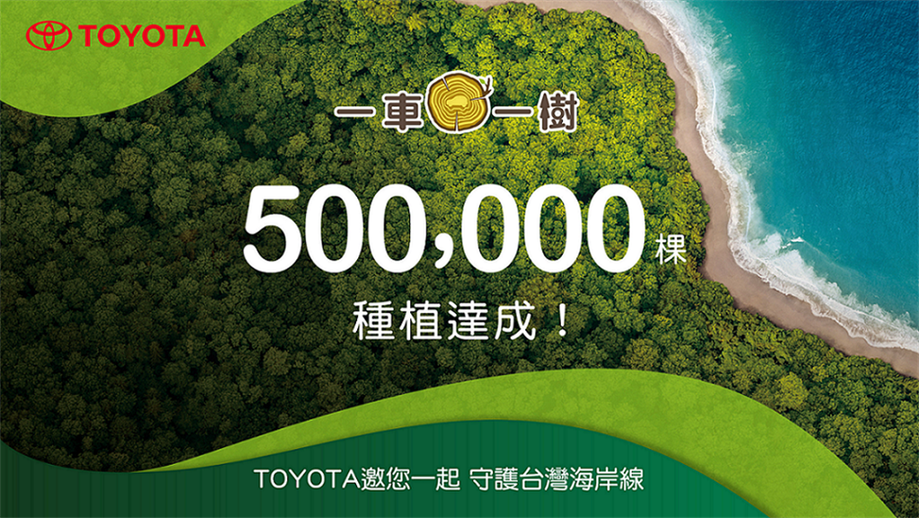 和泰汽車自2017年開始，展開「TOYOTA一車一樹」公益計畫，克服海岸造林困境，2021年9月達成「種植50萬棵里程碑」。（圖／TOYOTA提供）