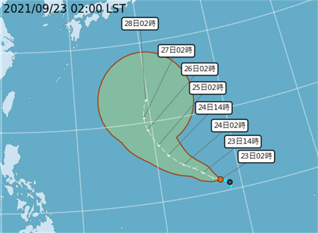 關島附近的熱帶低壓，最快明天發展成第15號颱風「電母」，距離鵝鑾鼻東南東方約3070公里，向西北移動，對台灣無直接影響。(翻攝自氣象局)

