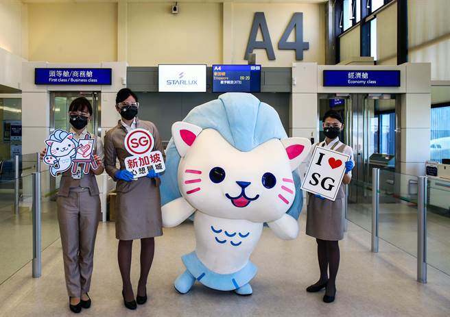 星宇航空在首航仪式中，特别邀请新加坡旅游局吉祥物萌小狮「Merli」参与，并赠送每位首旅客「萌小狮Merli造型行李吊牌」。（陈麒全摄）