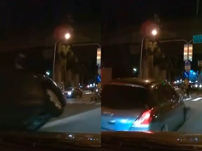 违规直行的轿车当场「硬骑」上去，右车身翘高、强压左车，接着才重重摔落地，轮胎也惨变形。（翻摄自脸书「八卦村-行车纪录器影片上传中心」）