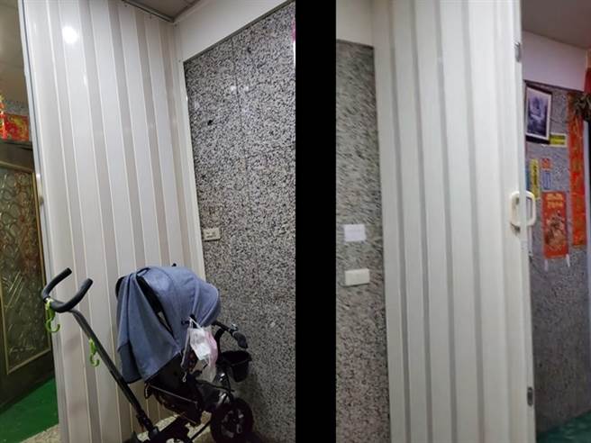 1名住户爆料，她所居住的大楼，同层楼的邻居疑似为解决「对门相冲」风水煞，竟私自在电梯口空间、2户中间装设「塑胶拉门」，让该住户怒批自私。（翻摄自脸书「爆料公社」）