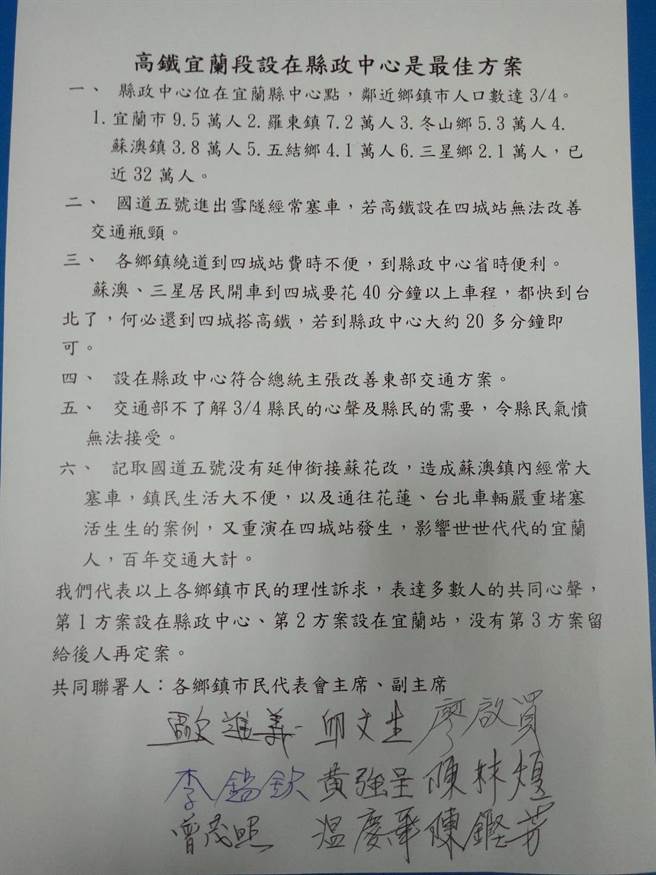  绿营内部再度传出一份反对「四城站」方案的意见陈述书，连署者多是宜兰溪南地区绿 营的乡镇代表会主席、副主席。（胡健森翻摄）
