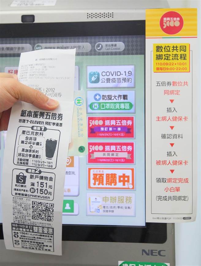 振兴五倍券25日上午9点起纸本预订开跑，民眾可于五倍券官网或4大超商进行纸本券的预订，其中到超商透过ibon互动式资讯服务选择「振兴五倍券纸本预订」可享有星巴克第2杯半价等好康优惠。（资料照/张铠乙摄）
